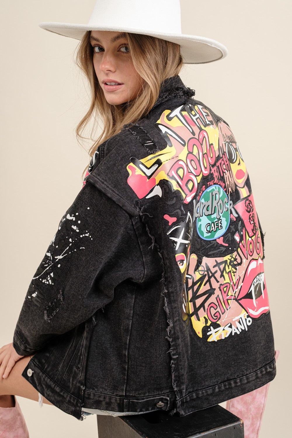 Distressed blue denim jacket with colorful street-art – Veesheh