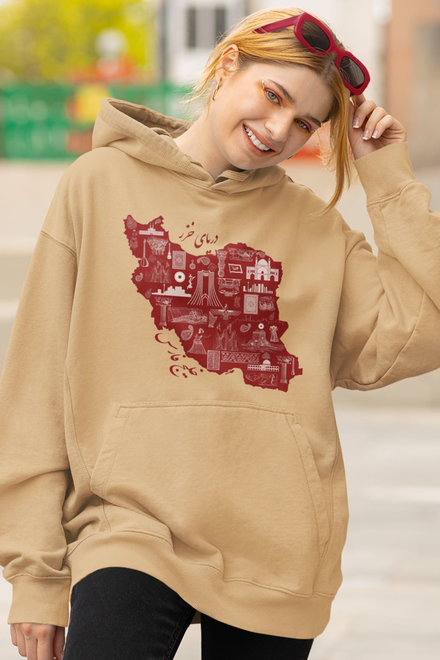 Unisex fleece hoodie with Persian heritage symbols map of Iran – Veesheh