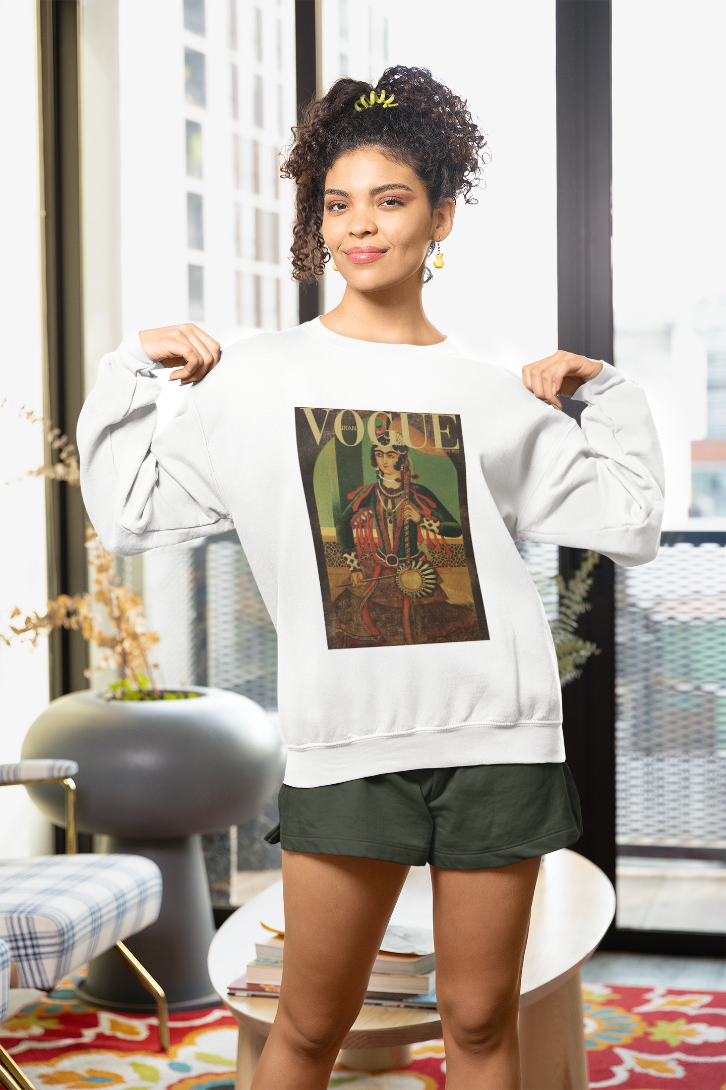 Model wearing Qajar Lady Vogue unisex sweatshirt – Veesheh