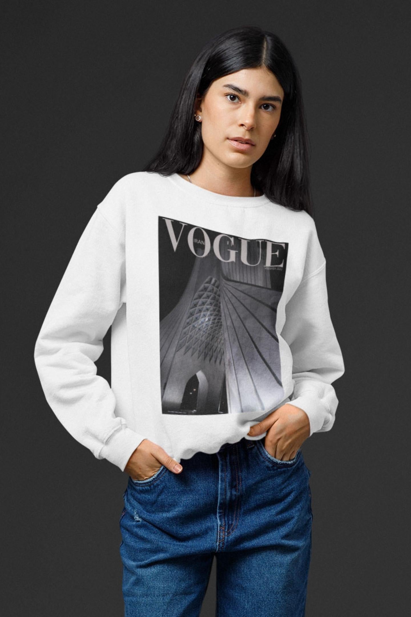 Model wearing Vogue Azadi Tower unisex sweatshirt – Veesheh