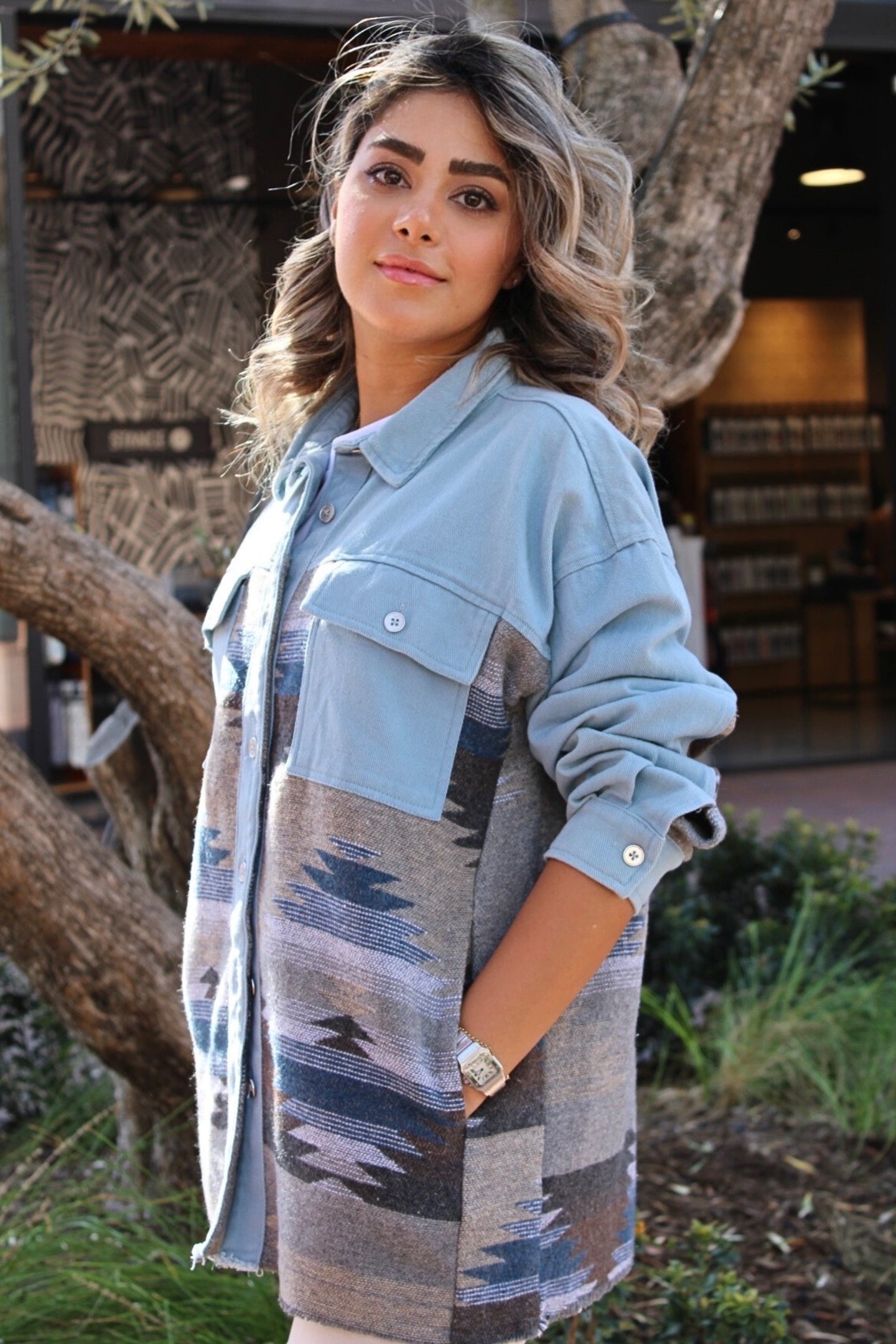 Model wearing the Boho Aztec Pattern Denim Jacket – Veesheh