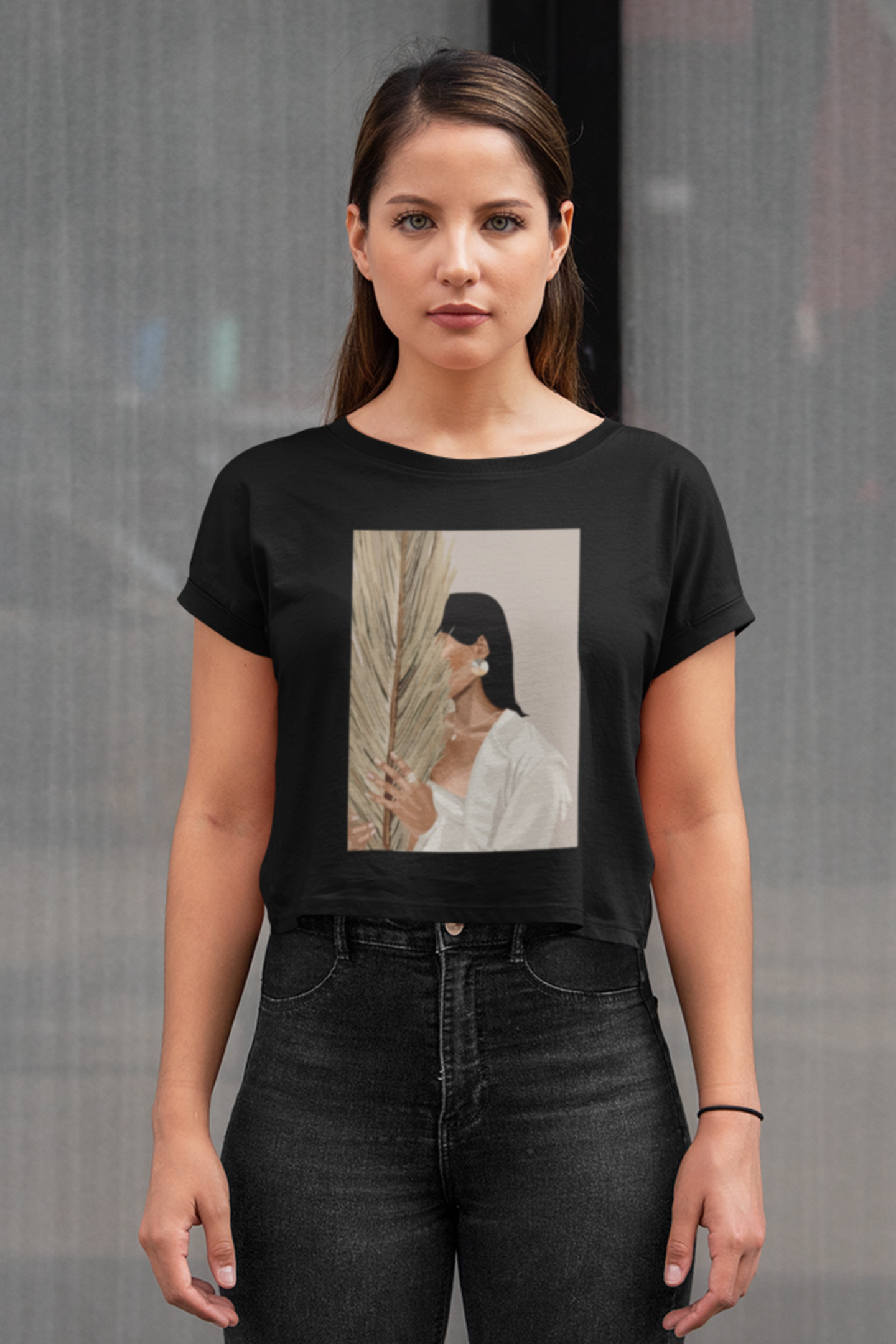 Model wearing Boho Blossom Art women’s boxy T-shirt – Veesheh