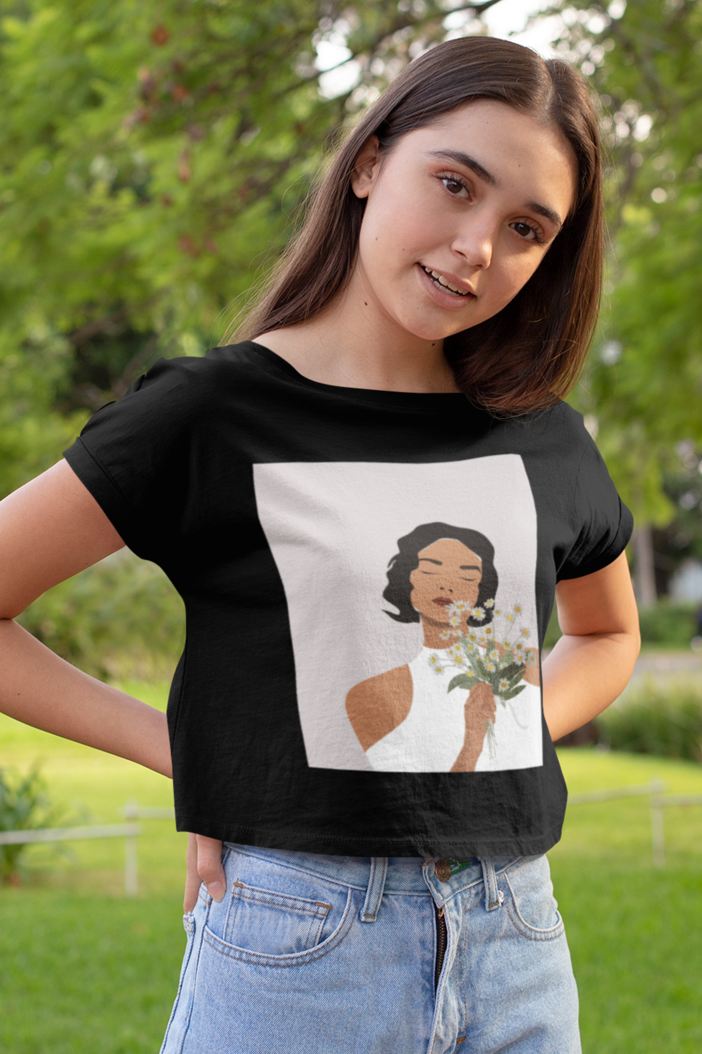 Model wearing Dreamer Bloom Women’s Boho T-Shirt – Veesheh