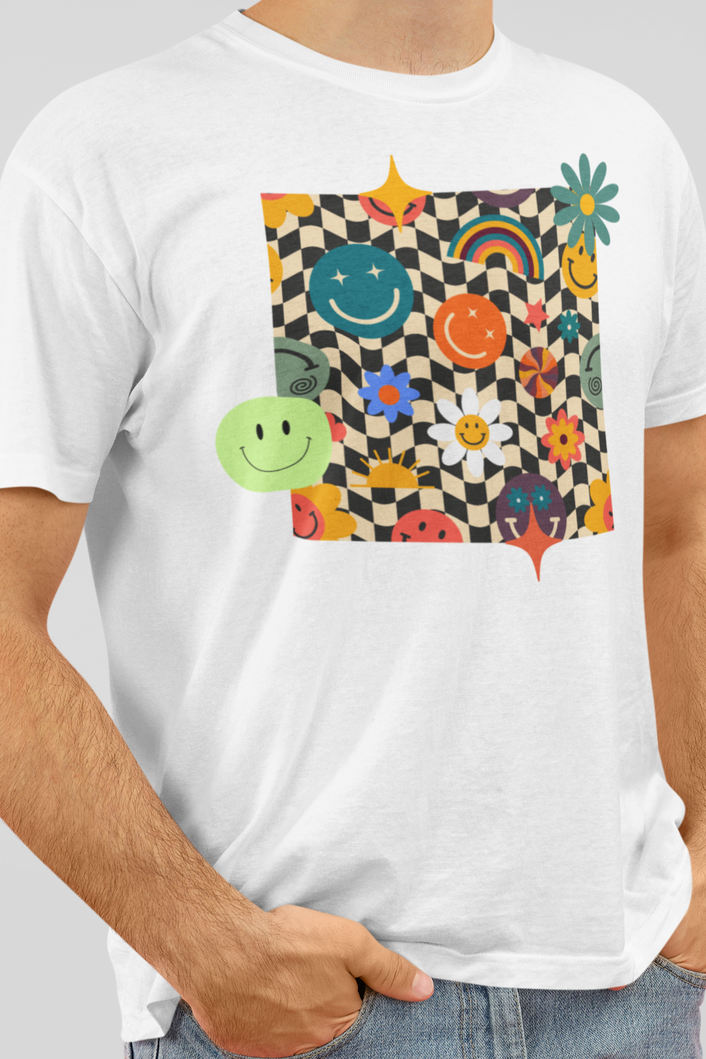 Close-up of vintage smiley face design on tee – Veesheh
