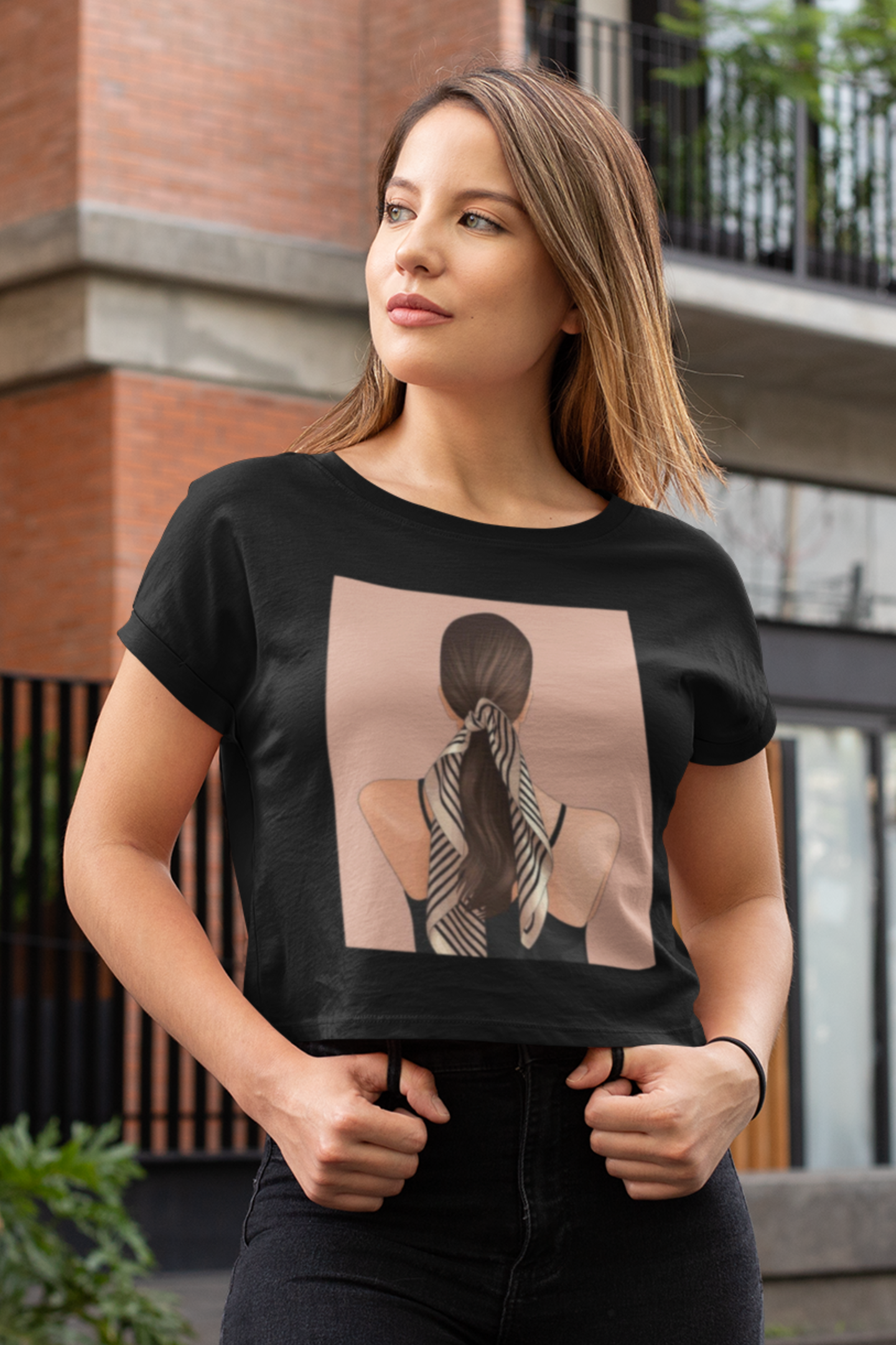 Women’s boxy cotton tee with scarf-tied portrait design – Veesheh