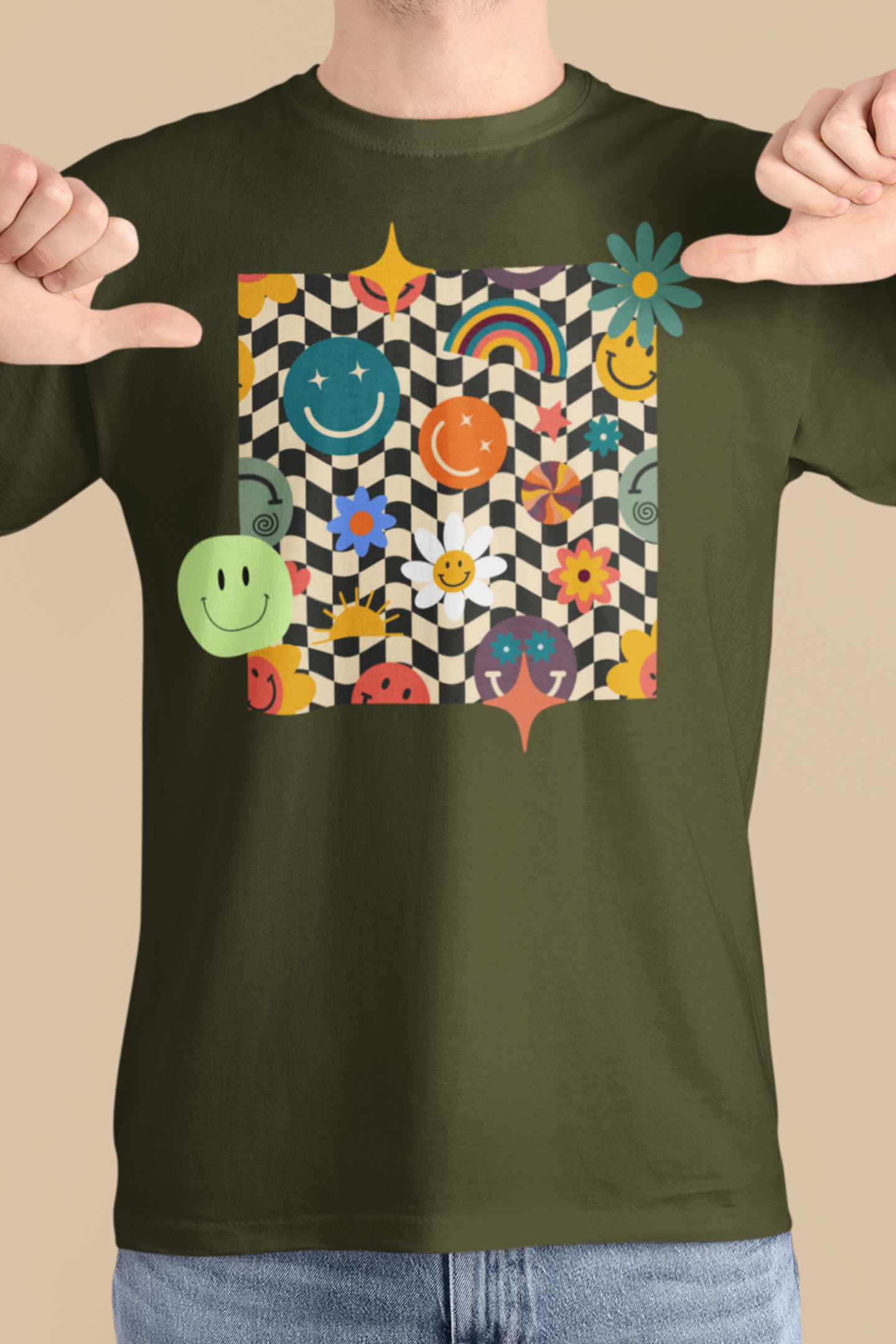 Model wearing Retro Happy Face T-Shirt, classic fit – Veesheh