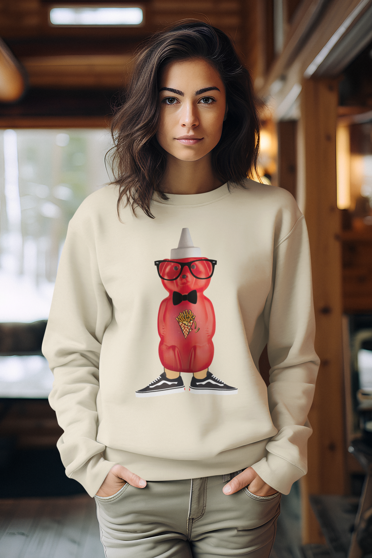 Model wearing Persian Khersi Ketchup sweatshirt, unisex fit – Veesheh