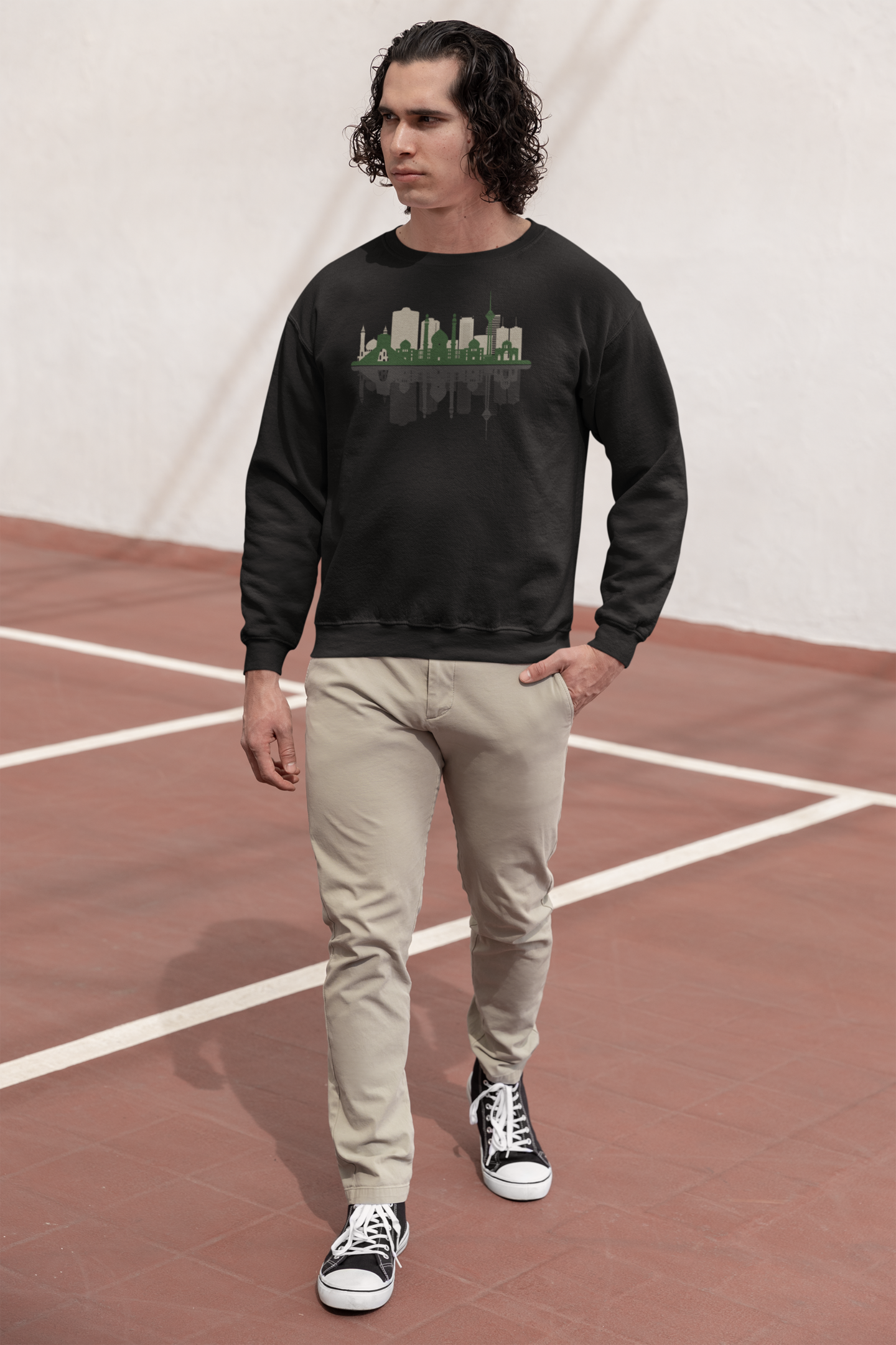 Model wearing Tehran Skyline Unisex Sweatshirt – Veesheh