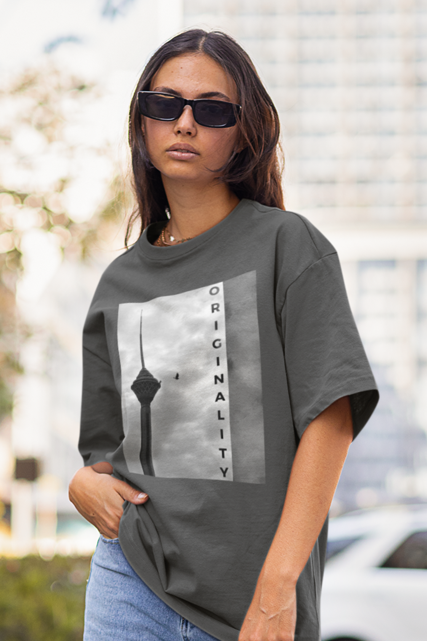 Model wearing Tehran Tower T-shirt, unisex classic fit – Veesheh