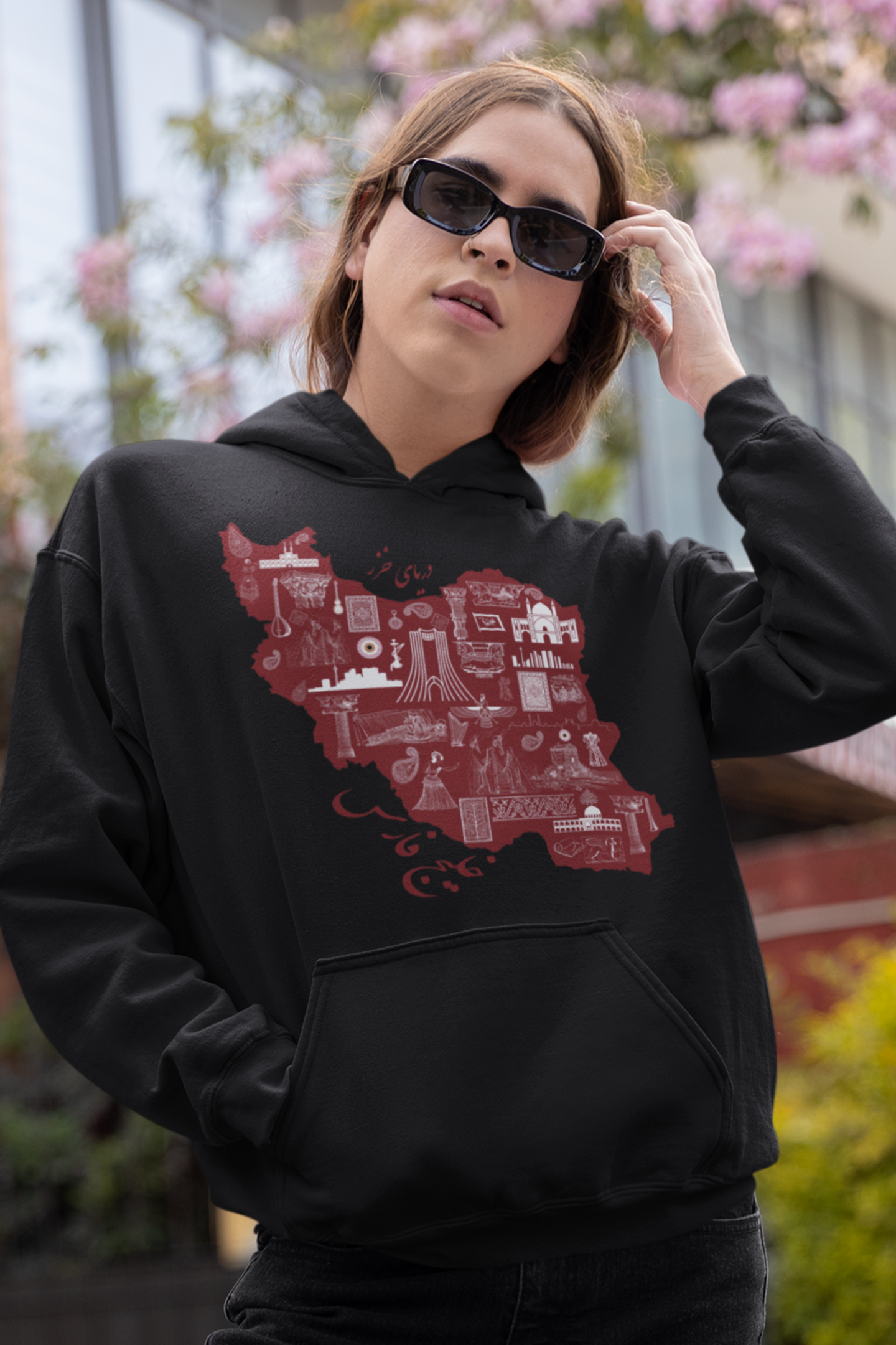 Model wearing Persian Heritage Unisex Hoodie – Veesheh