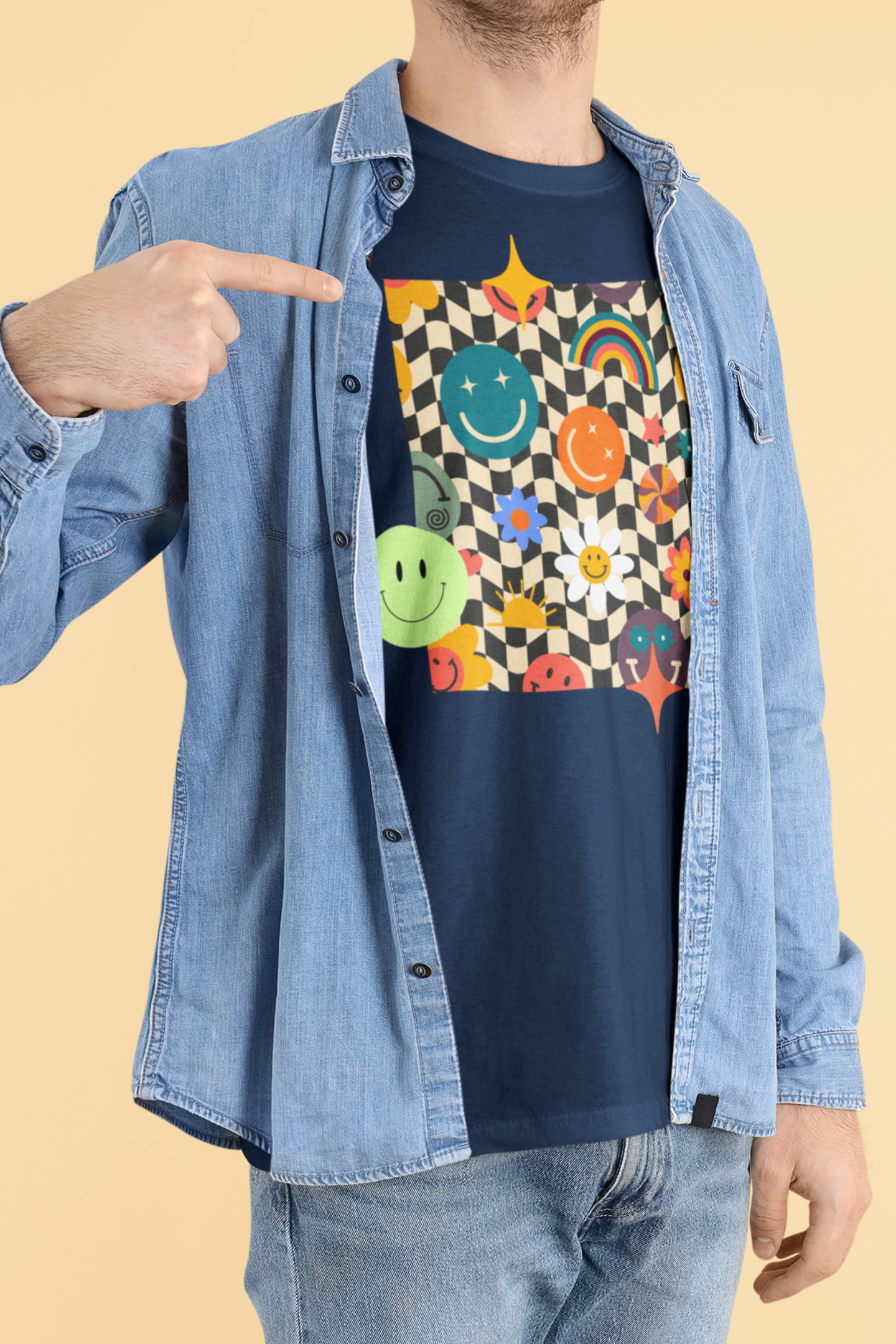 Close-up of vintage smiley face design on tee – Veesheh