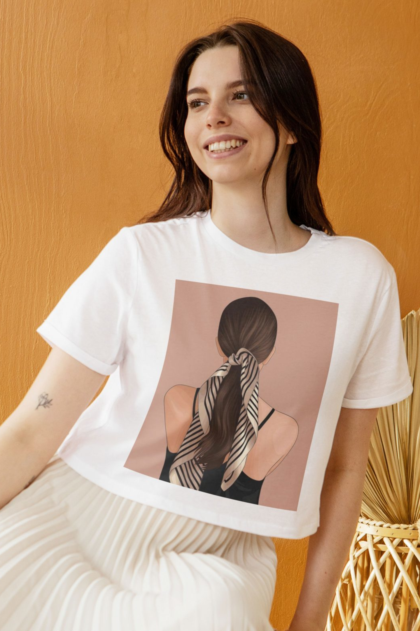 Model wearing Scarf-Tied Spirit women’s bohemian T-shirt – Veesheh