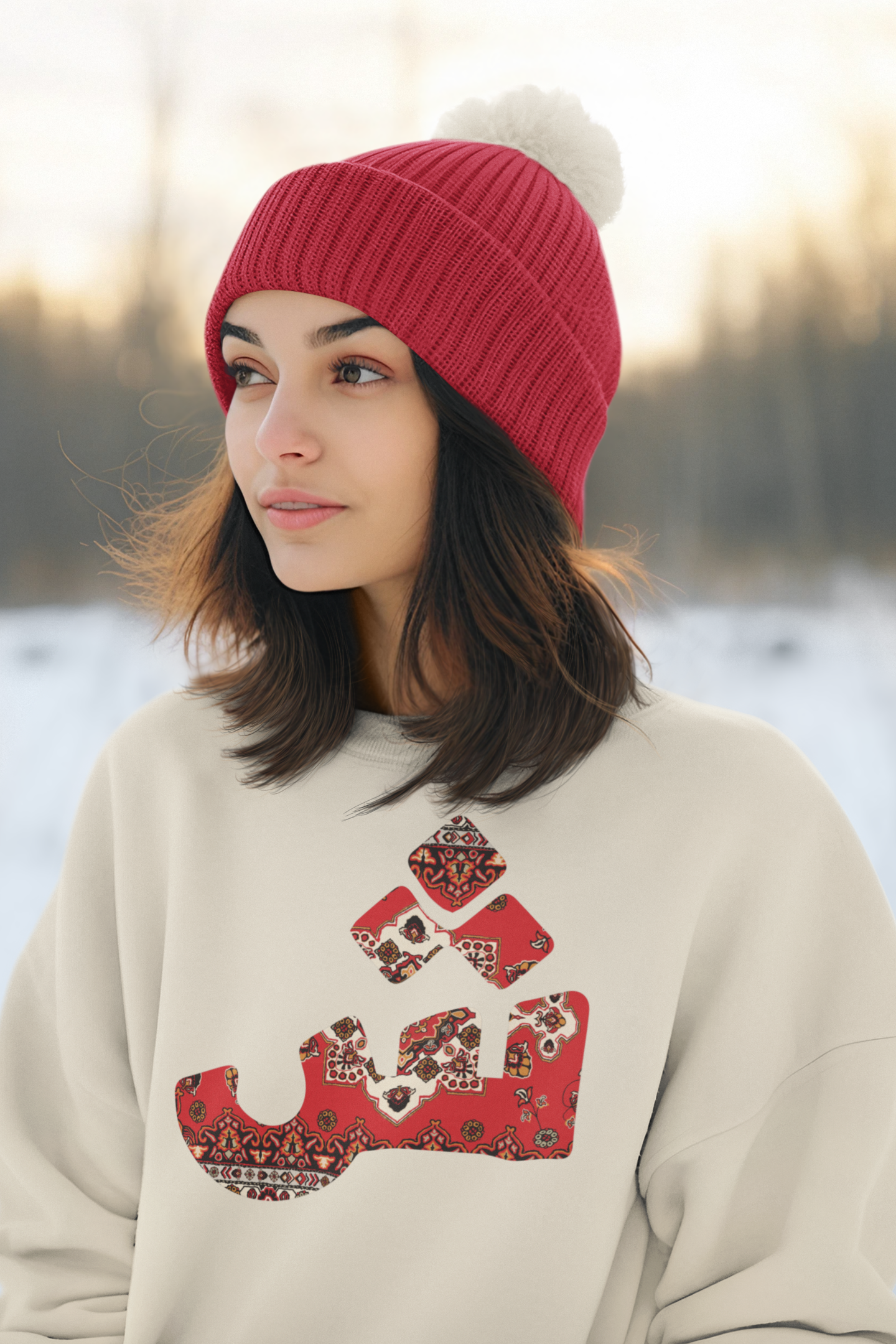Model wearing Persian “Shin” Sweatshirt, unisex fit – Veesheh