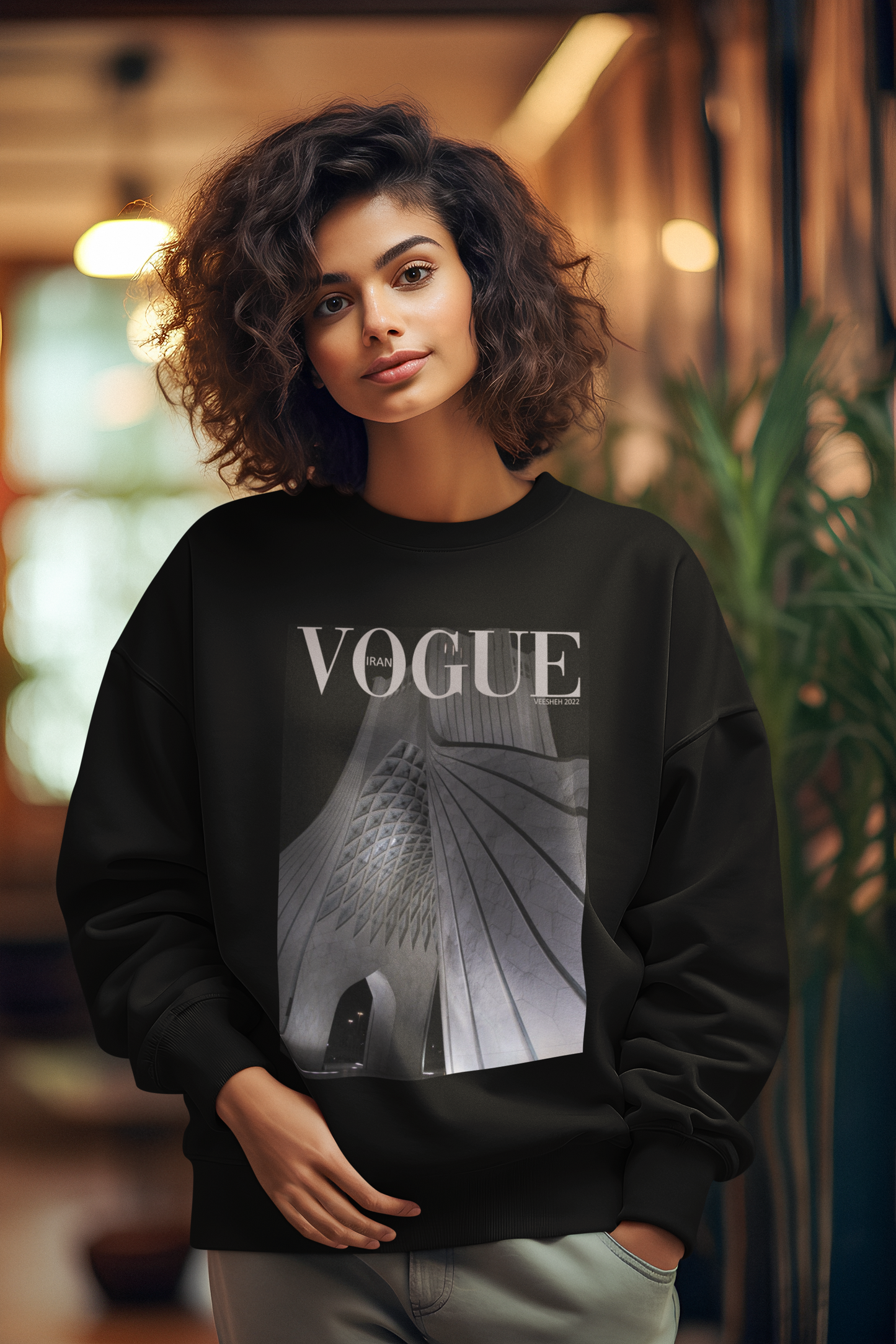 Model wearing Vogue Azadi Tower unisex sweatshirt – Veesheh