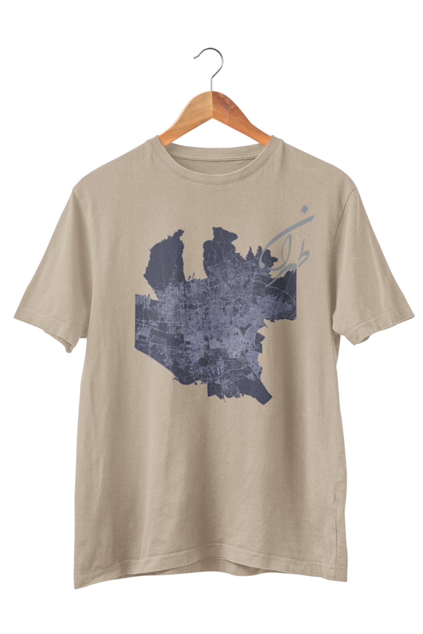 Close-up of Tehran area map print on ring-spun cotton tee – Veesheh