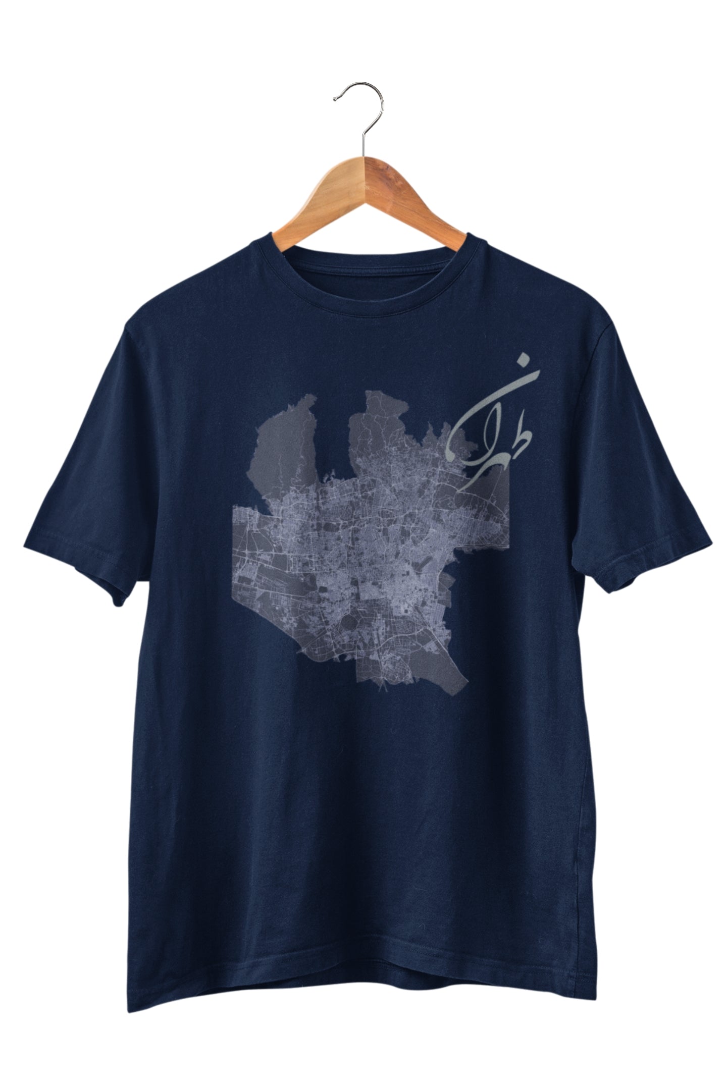 Close-up of Tehran area map print on ring-spun cotton tee – Veesheh