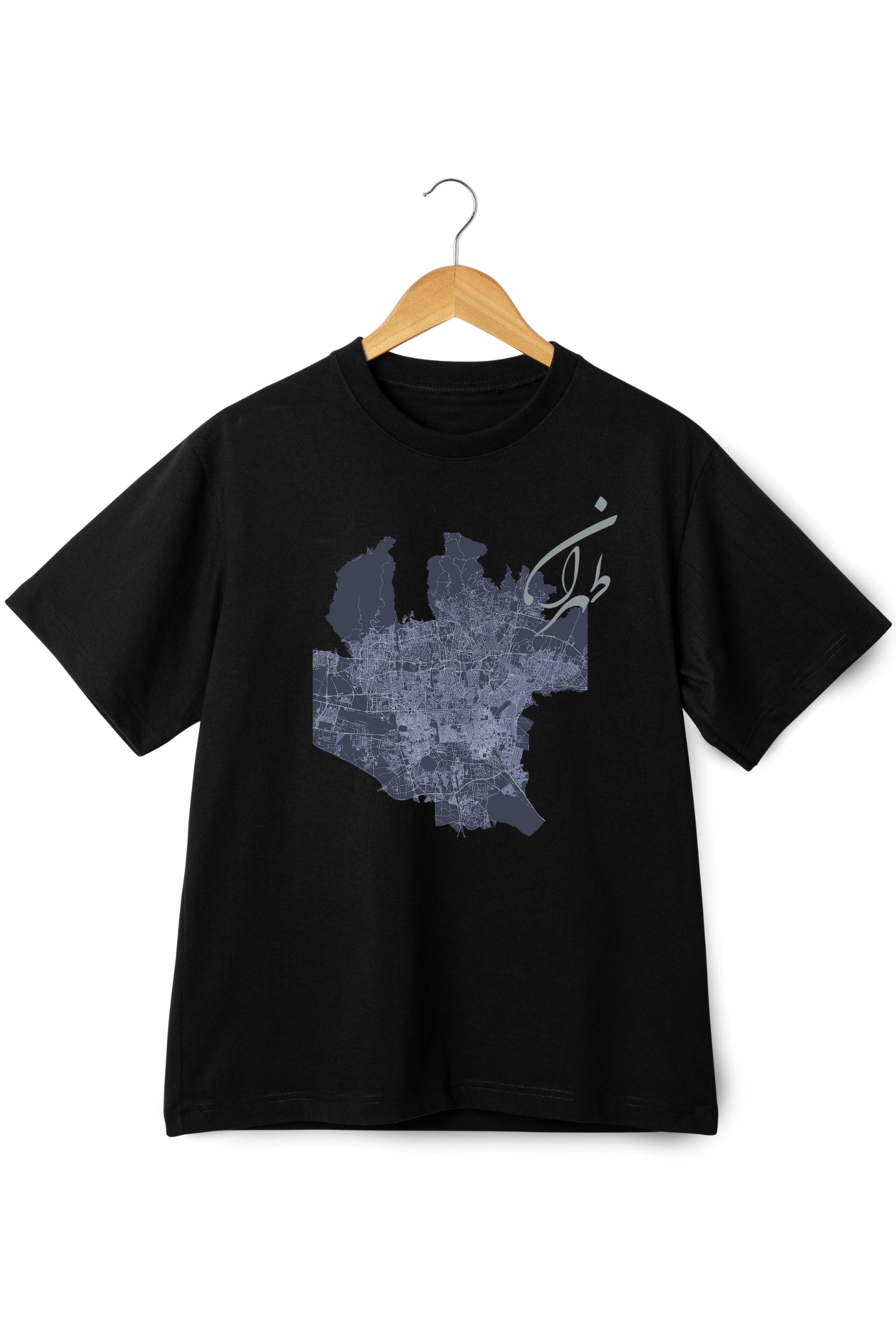 Close-up of Tehran area map print on ring-spun cotton tee – Veesheh