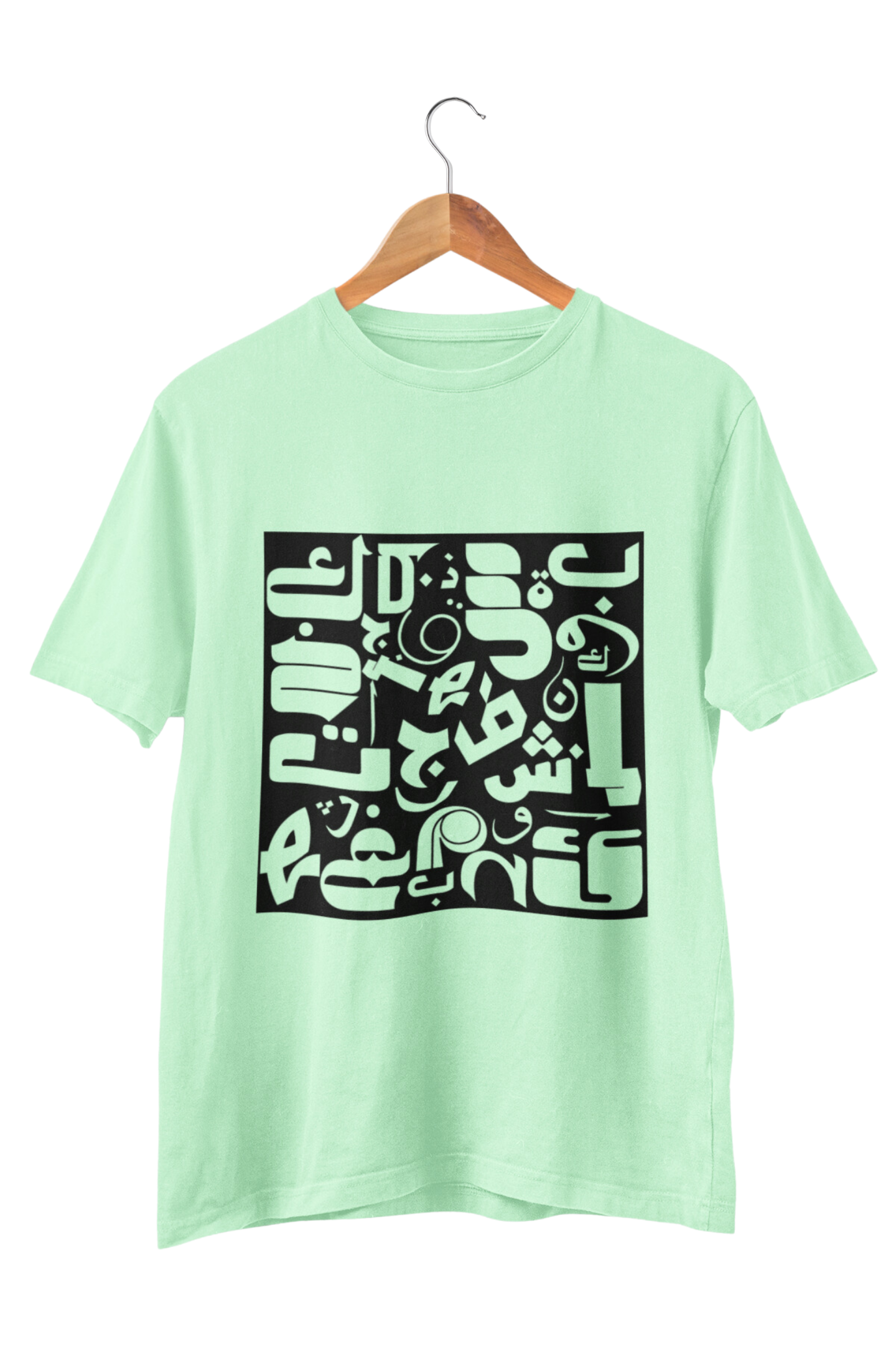 Close-up of shuffled letters print on ring-spun cotton T-shirt – Veesheh