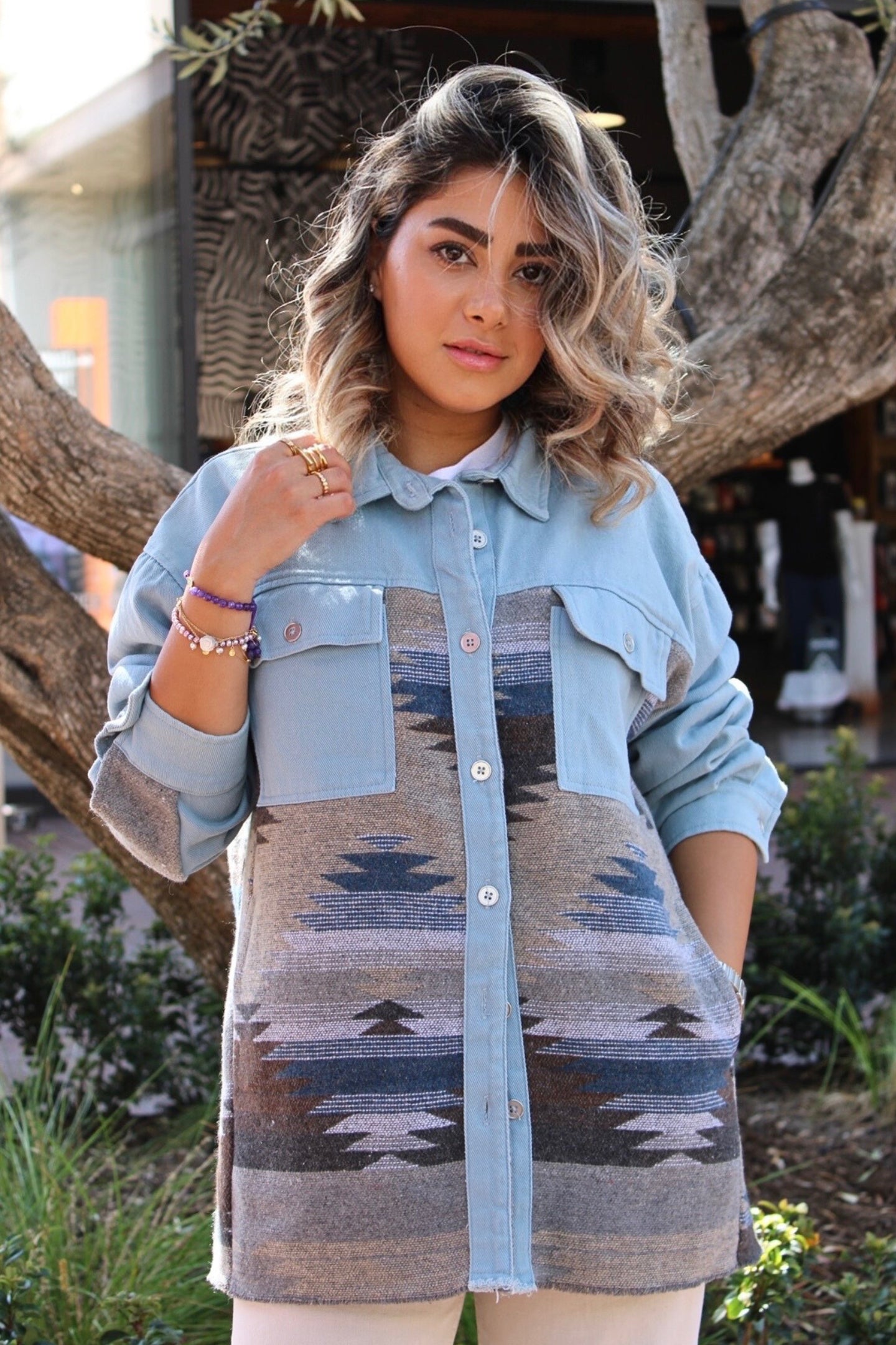 Distressed washed denim jacket with boho Aztec back design – Veesheh