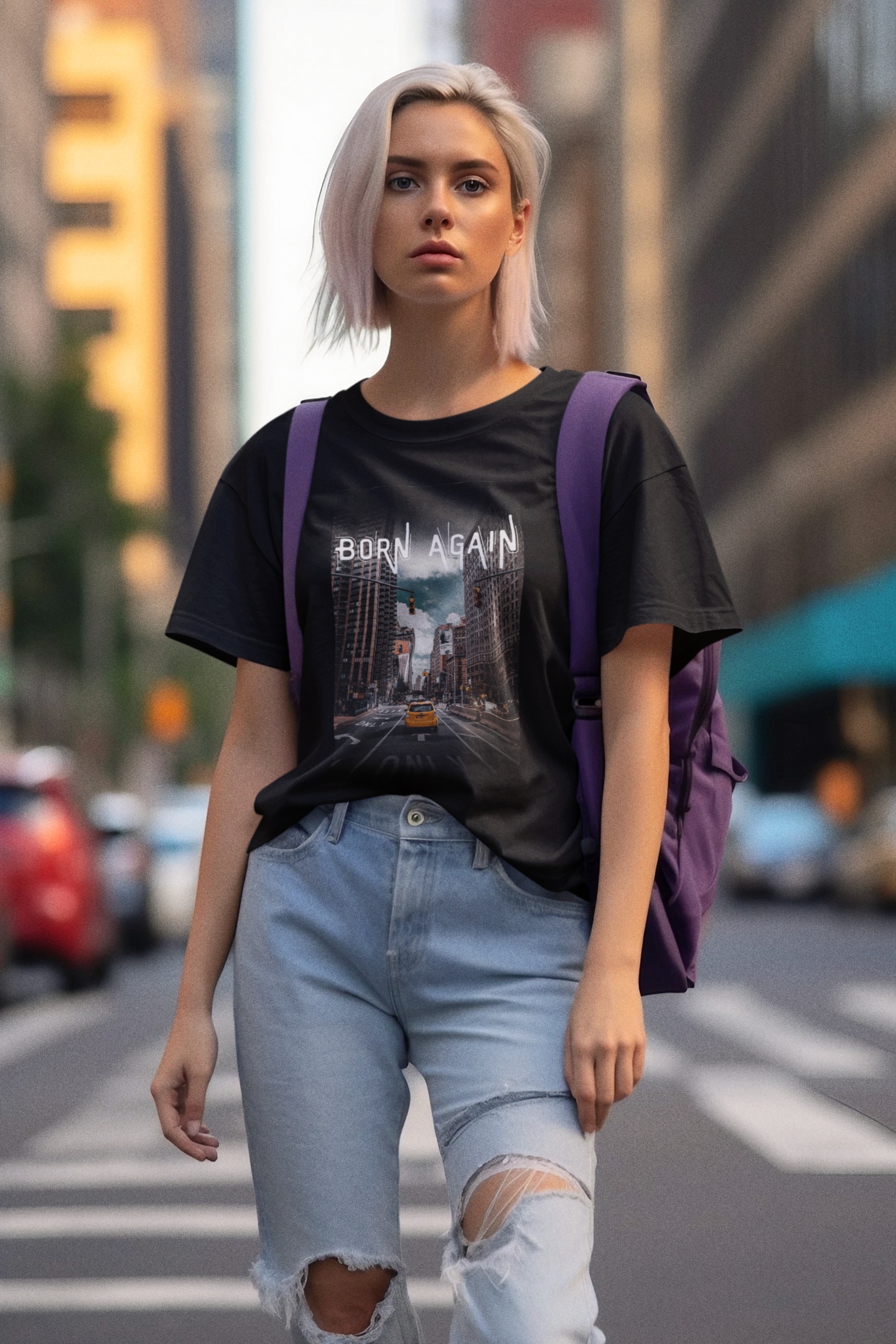 Close-up of New York skyline cityscape print on ring-spun cotton tee – Veesheh