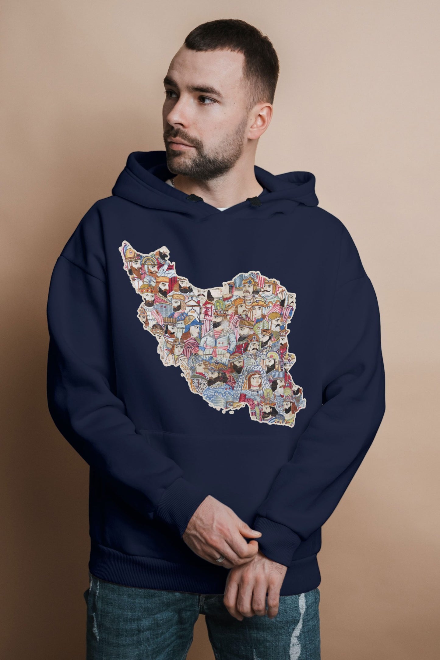 Model wearing Ancient Kings Iran Map Unisex Hoodie – Veesheh