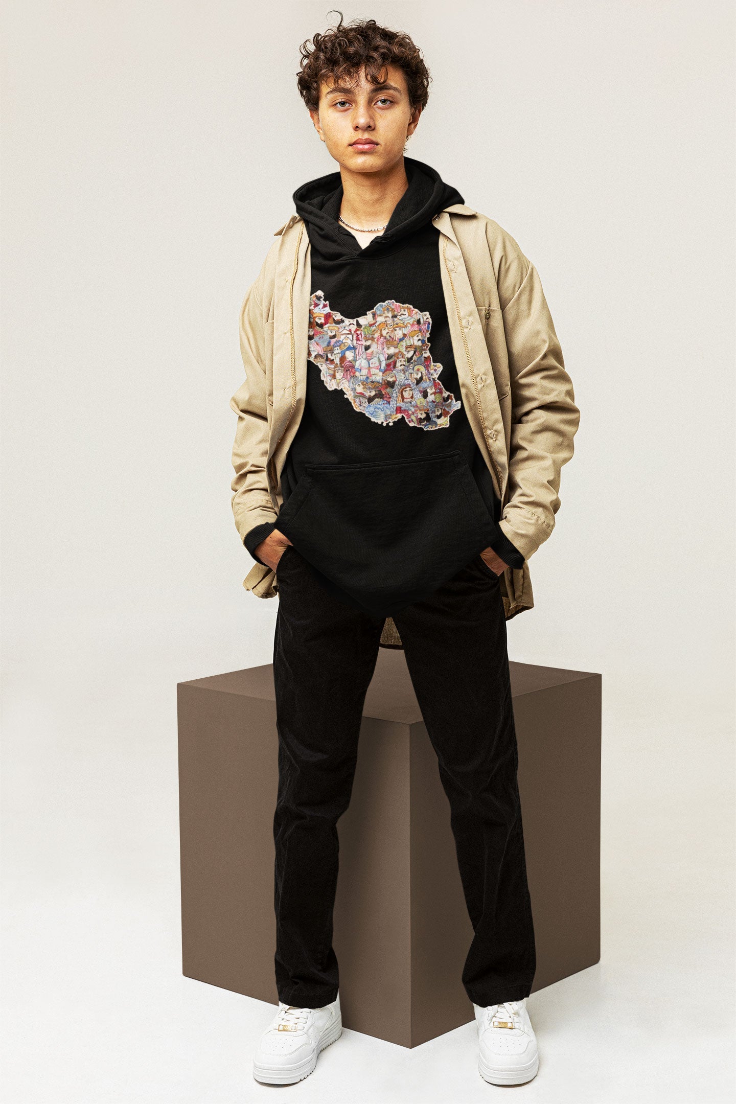 Model wearing Ancient Kings Iran Map Unisex Hoodie – Veesheh