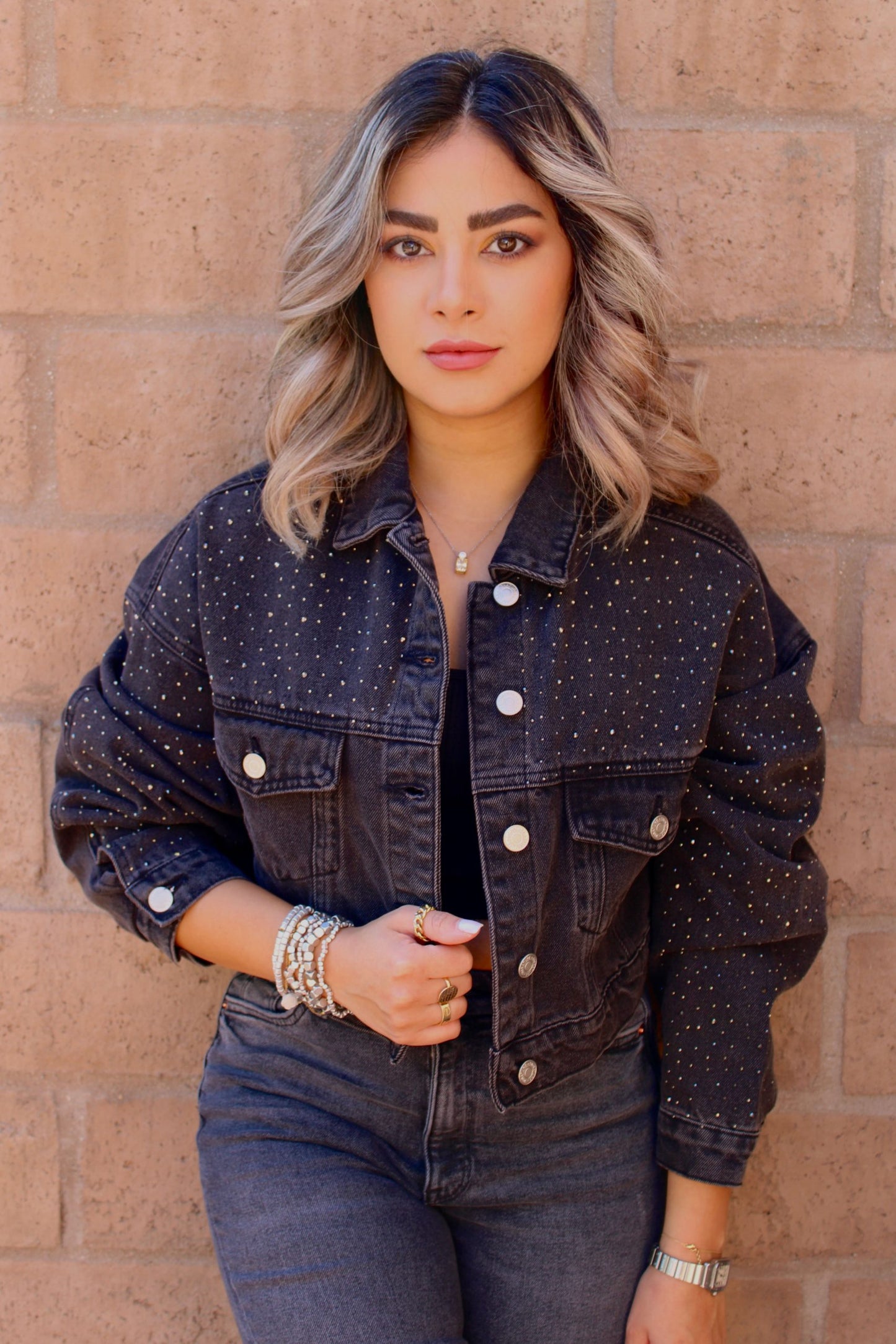 Black cropped denim jacket with rhinestone sleeves – Veesheh