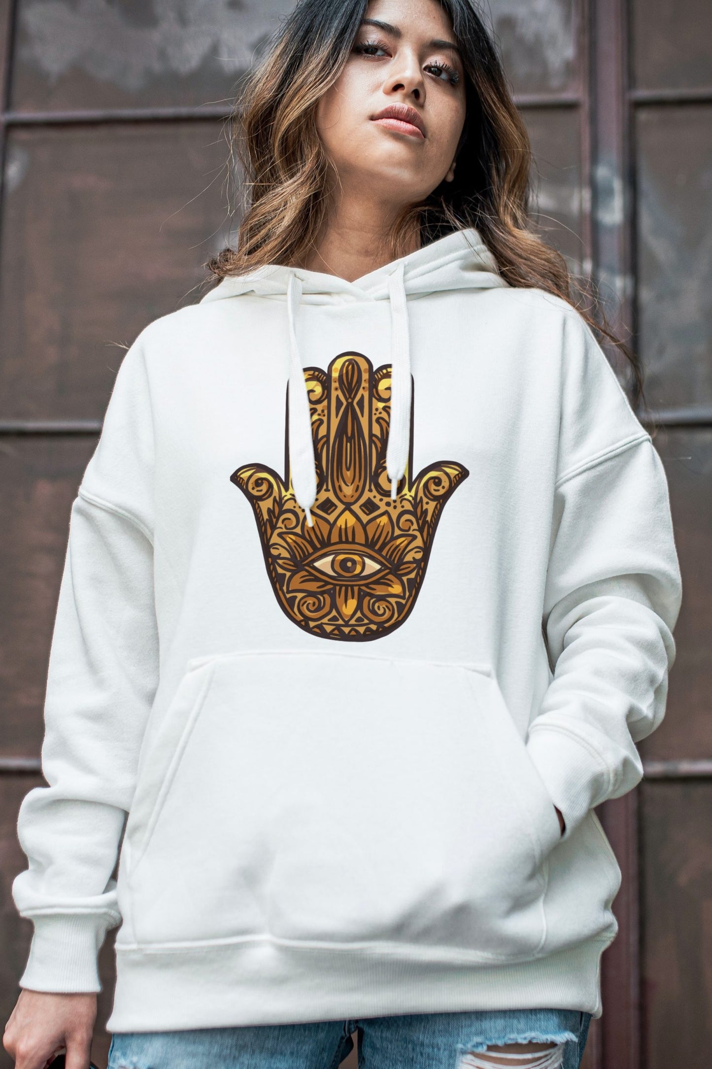 Model wearing Hamsa Hand of Fatima unisex hoodie – Veesheh