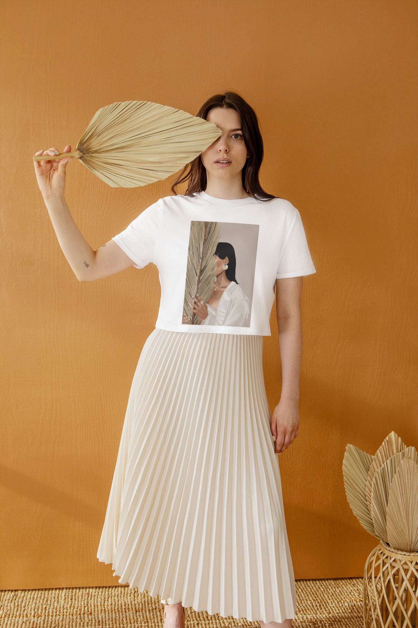 Model wearing Boho Blossom Art women’s boxy T-shirt – Veesheh
