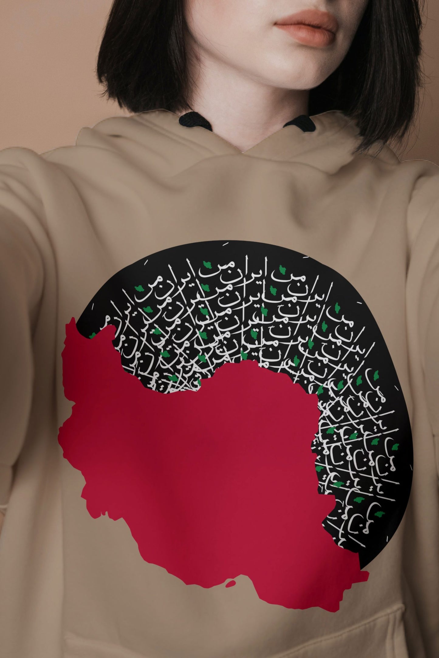 Close-up of Iran-e Man circular map print on cozy fleece hoodie – Veesheh