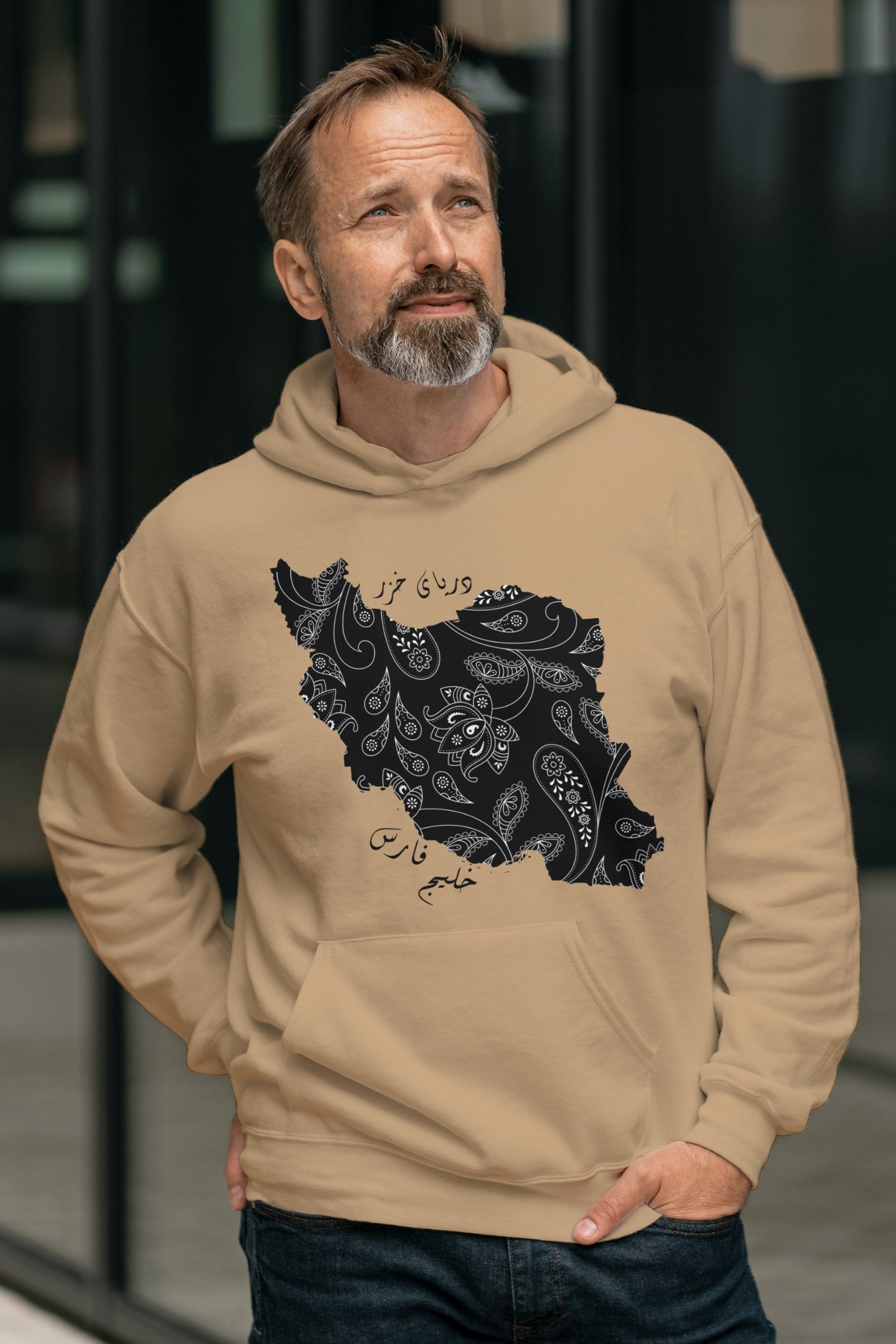 Model wearing Iran Map Paisley Hoodie, standard unisex fit – Veesheh