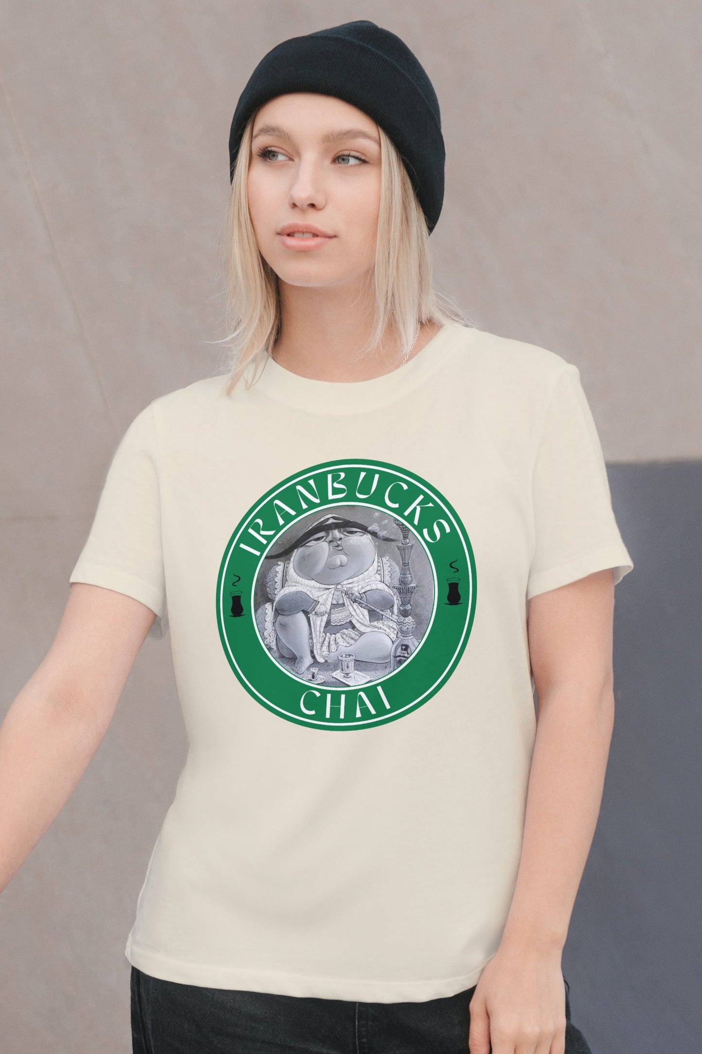 Unisex soft cotton T-shirt with IranBucks Tea parody logo – Veesheh