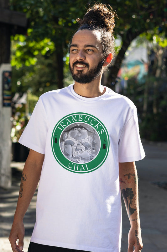 Model wearing IranBucks Tea T-shirt, unisex fit – Veesheh