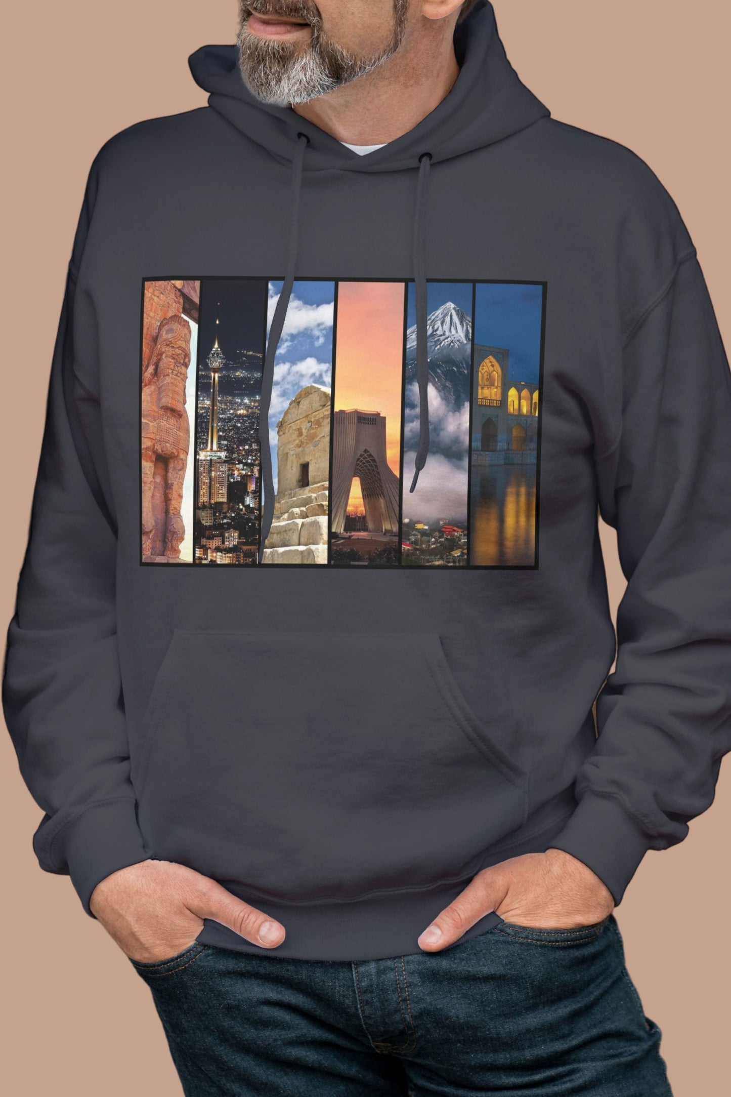 Close-up of Iranian historic landmarks print on cozy hoodie – Veesheh