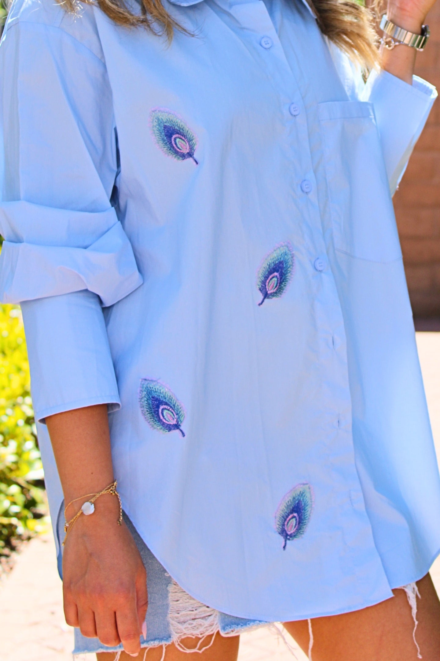Leafy Baby Blue Button Down Shirt - Veesheh