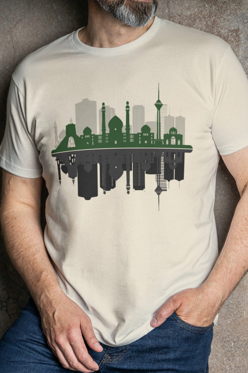 Model wearing Tehran skyline T-shirt, soft cotton unisex fit – Veesheh