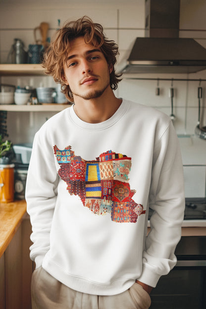 Iran Map with Rug Patterns Unisex Sweatshirt | Persian Cultural Map Sweater | Cozy Fleece Pullover | Gift for Him or Her