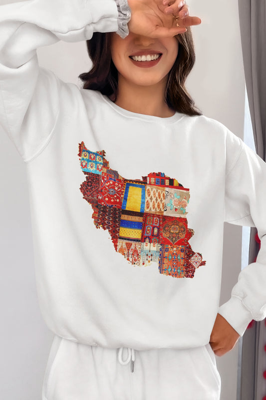 Iran Map with Rug Patterns Unisex Sweatshirt | Persian Cultural Map Sweater | Cozy Fleece Pullover | Gift for Him or Her
