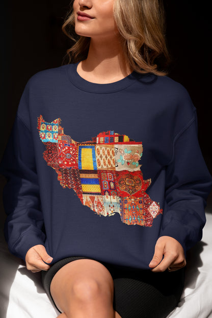 Iran Map with Rug Patterns Unisex Sweatshirt | Persian Cultural Map Sweater | Cozy Fleece Pullover | Gift for Him or Her