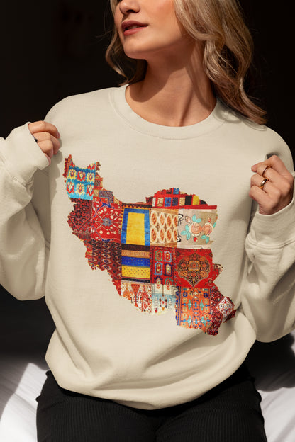 Iran Map with Rug Patterns Unisex Sweatshirt | Persian Cultural Map Sweater | Cozy Fleece Pullover | Gift for Him or Her
