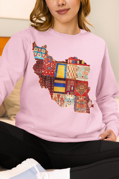 Iran Map with Rug Patterns Unisex Sweatshirt | Persian Cultural Map Sweater | Cozy Fleece Pullover | Gift for Him or Her