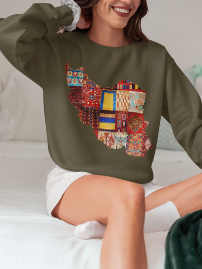 Iran Map with Rug Patterns Unisex Sweatshirt | Persian Cultural Map Sweater | Cozy Fleece Pullover | Gift for Him or Her